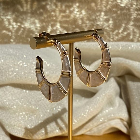 Gold Filled Mother of Pearl Statement Hoops - Picture 2 of 10